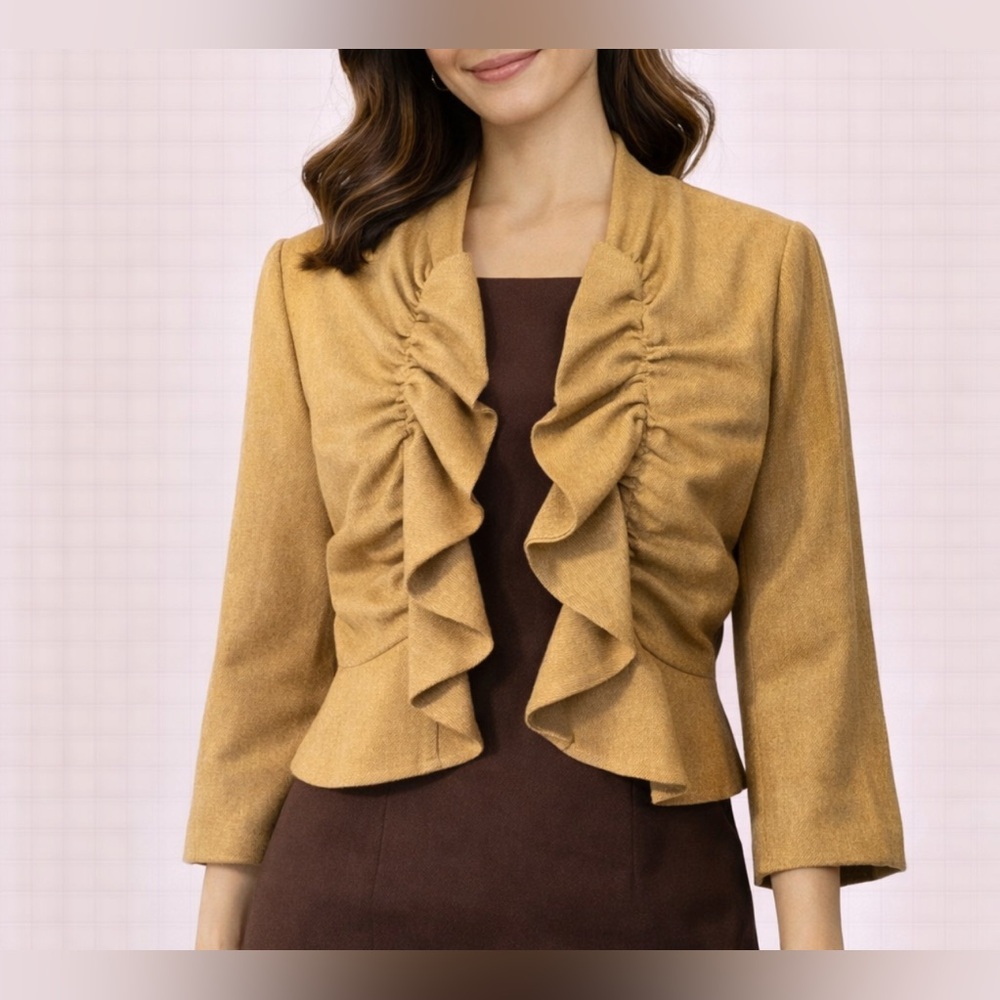Anthropologie Tabitha Camel Jacket Blazer 6 Small Ruched Rich Ruffled Wool